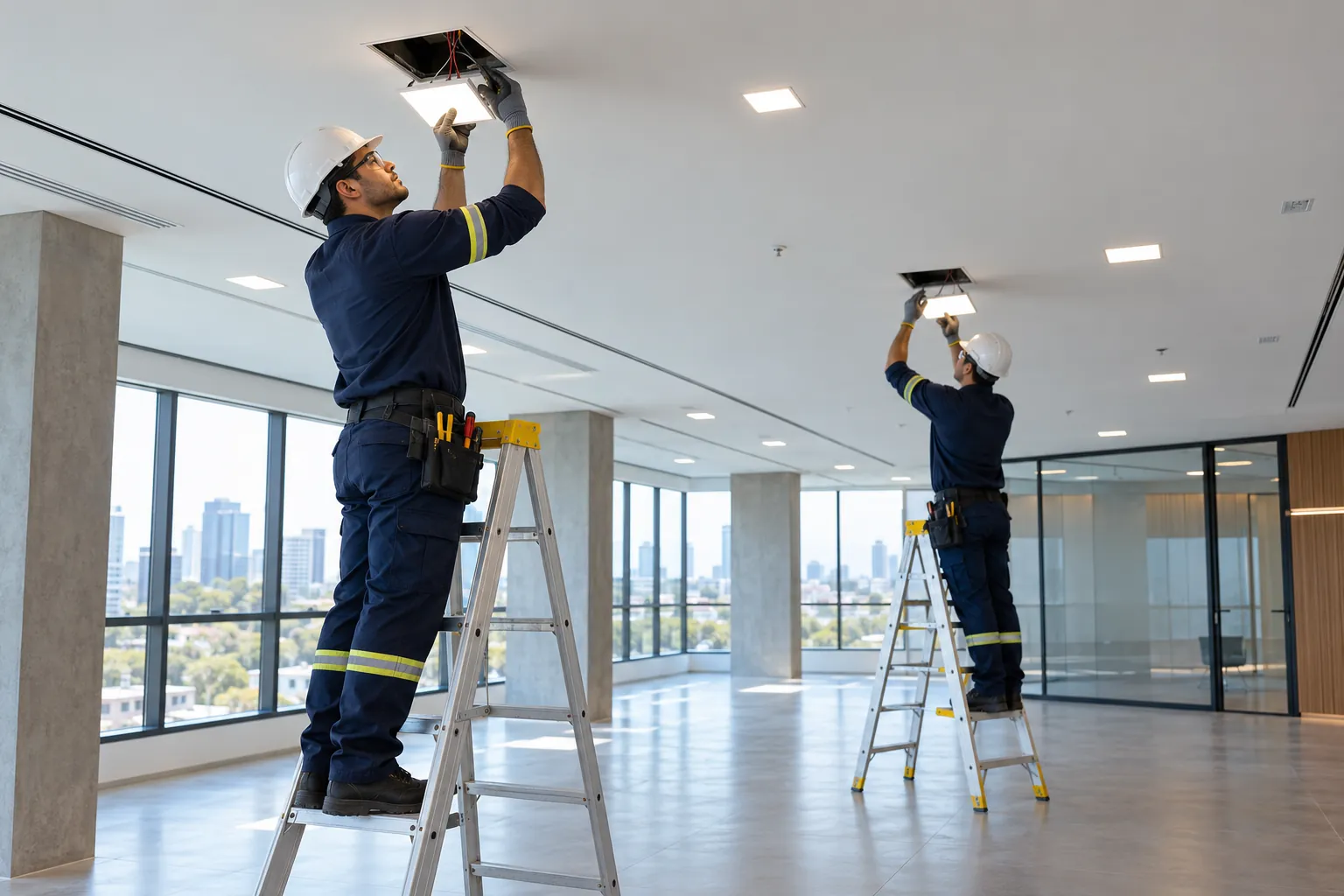 Eletricistas instalando luminárias no teto de um escritório