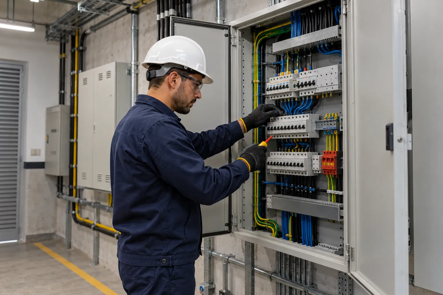 Eletricista trabalhando em quadro elétrico de sala técnica predial