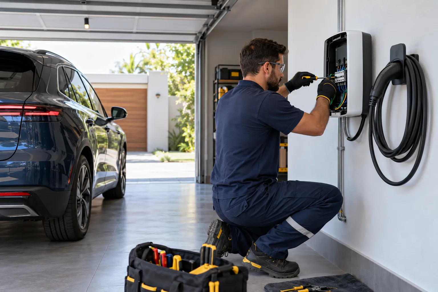 Eletricista instalando carregador de parede para carro elétrico em garagem