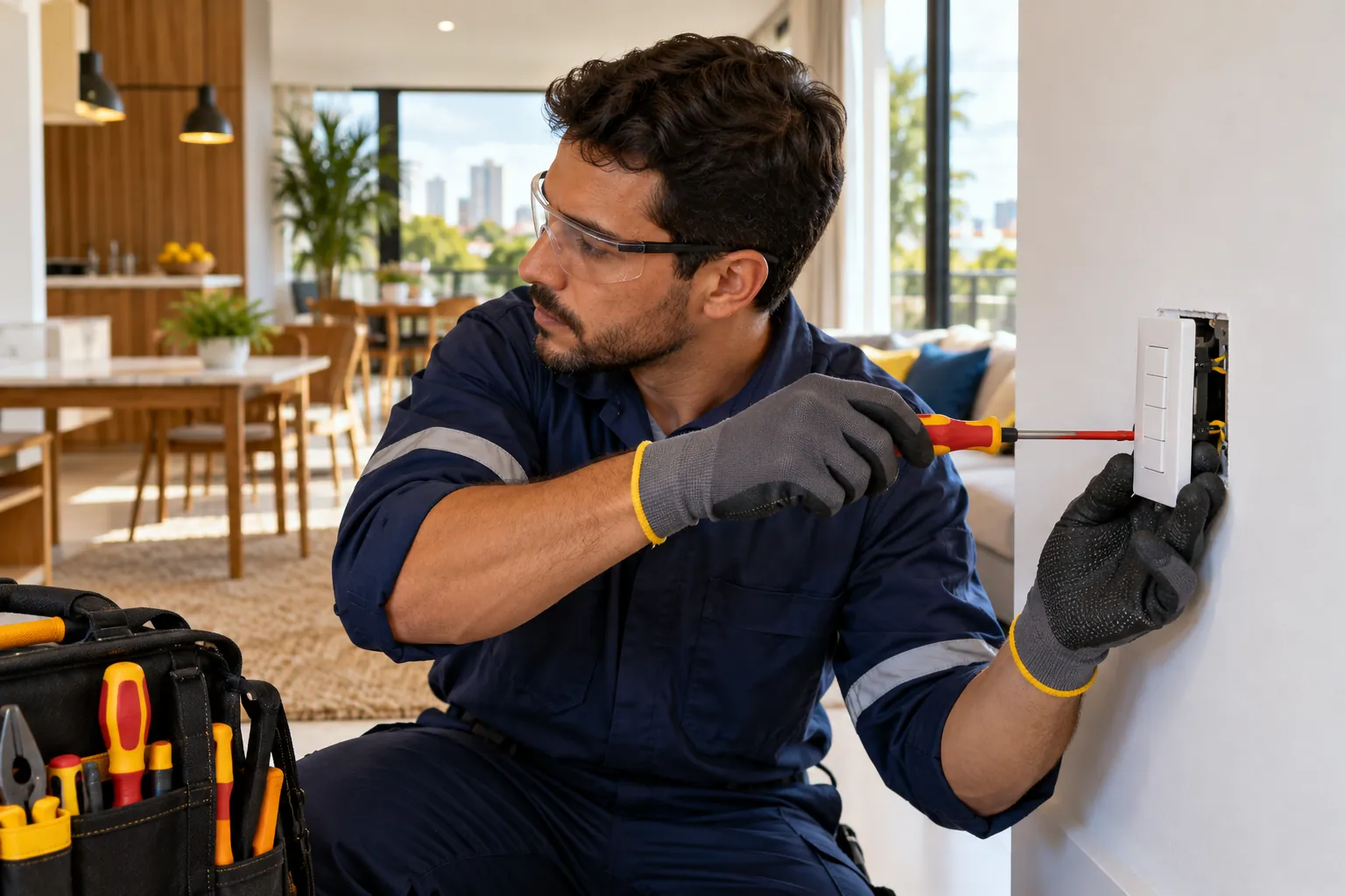 Eletricista instalando interruptor na parede de uma sala residencial