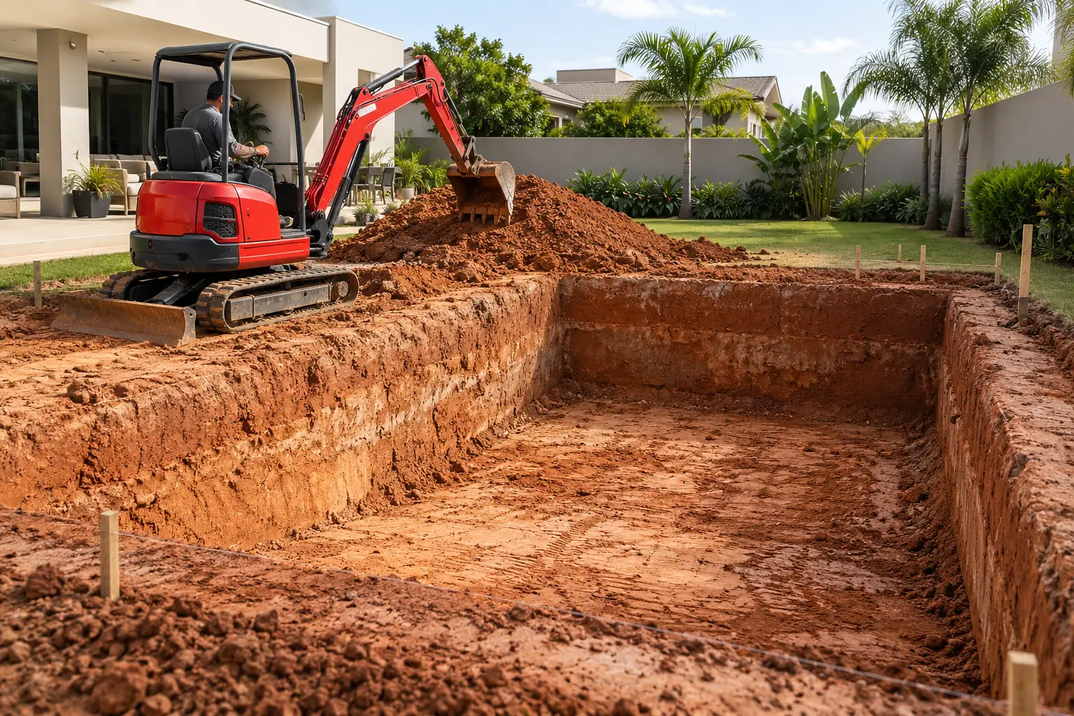 Miniescavadeira escavando a cava de uma piscina em terreno residencial