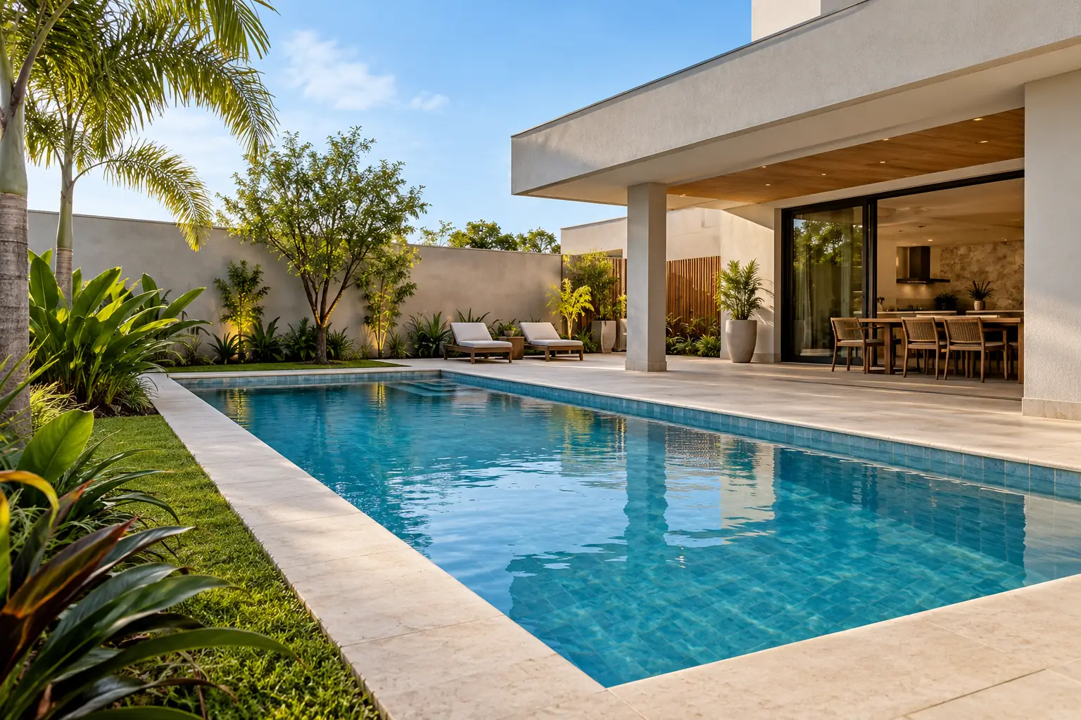 Piscina residencial em área externa com jardim